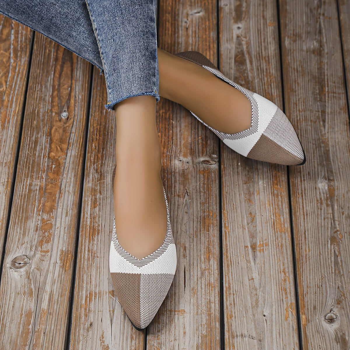 Colorblock Knit Flat Shoes Pointed Toe Slip On Flats