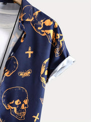 Men's Cross & Skull Print Camp Collar Bowling Shirt Short Sleeve