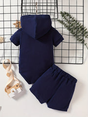 2pcs Baby Boys Mama's Boy Hooded Onesie & Shorts Set