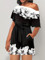 Floral Print One Shoulder Plus Size Romper With Pockets