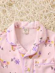 2pcs Girls Unicorn Pajama Set V-Neck Short Sleeve Top & Shorts