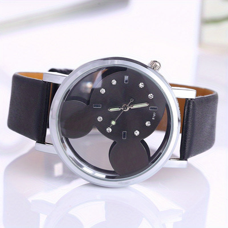 Girls Hollow Out Mouse Quartz Watch Faux Leather Band Holiday Birthday Gift