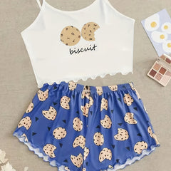 Cookies Print Pajama Set Crew Neck Cami Top & Elastic Waistband