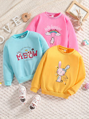 3pc Girls Sweatshirts Set Cat Rabbit Print Long Sleeve Pullovers