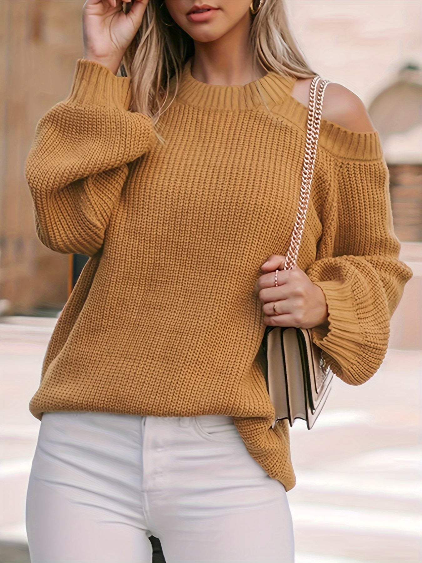 Solid Lantern Sleeve Cold Shoulder Knit Pullover Jumper