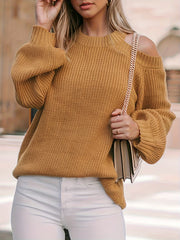 Solid Lantern Sleeve Cold Shoulder Knit Pullover Jumper