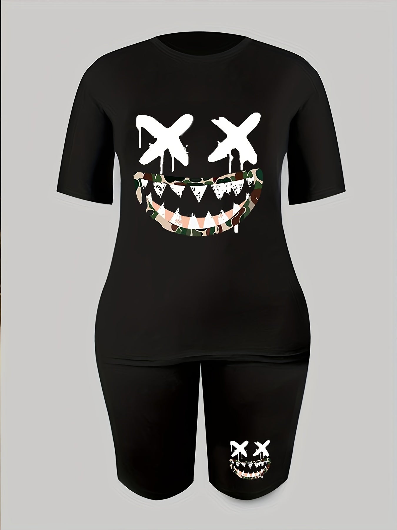 2pcs Cartoon Graphic Loose Short Sleeve T-shirts & Shorts Women's Activewear