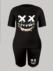 2pcs Cartoon Graphic Loose Short Sleeve T-shirts & Shorts Women's Activewear