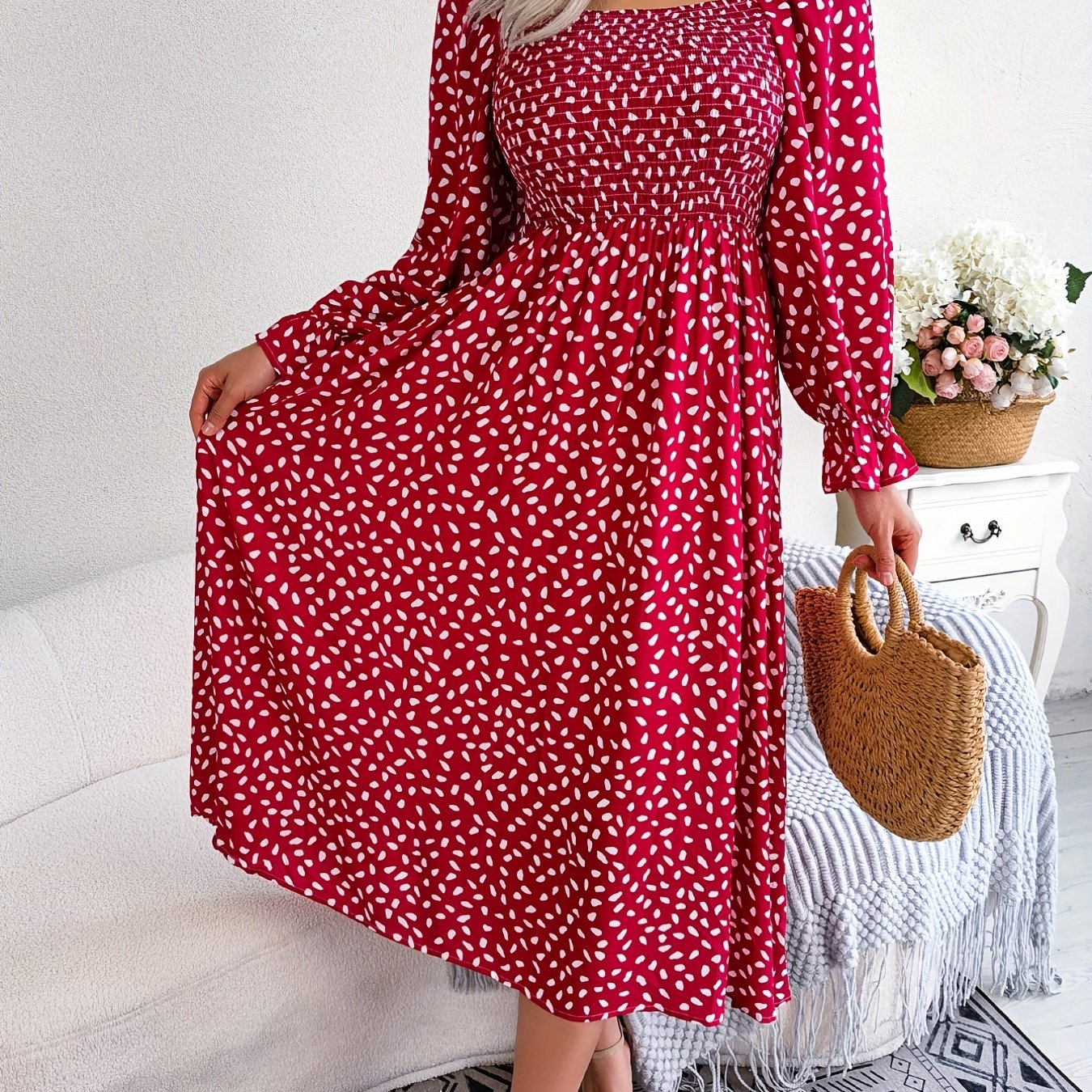 Floral Print Squared Neck Maxi Dress Puff Sleeve Slim Waist Ruched