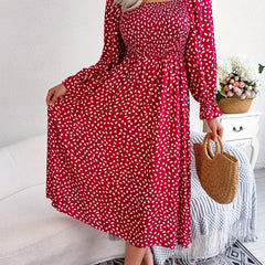 Floral Print Squared Neck Maxi Dress Puff Sleeve Slim Waist Ruched