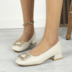Women's Square Toe Rhinestone Buckle Decor Slip On Shoes