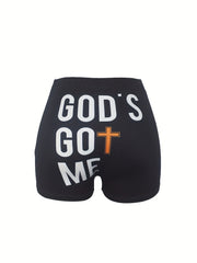 Colorblock Letter Print Skinny Shorts for Women