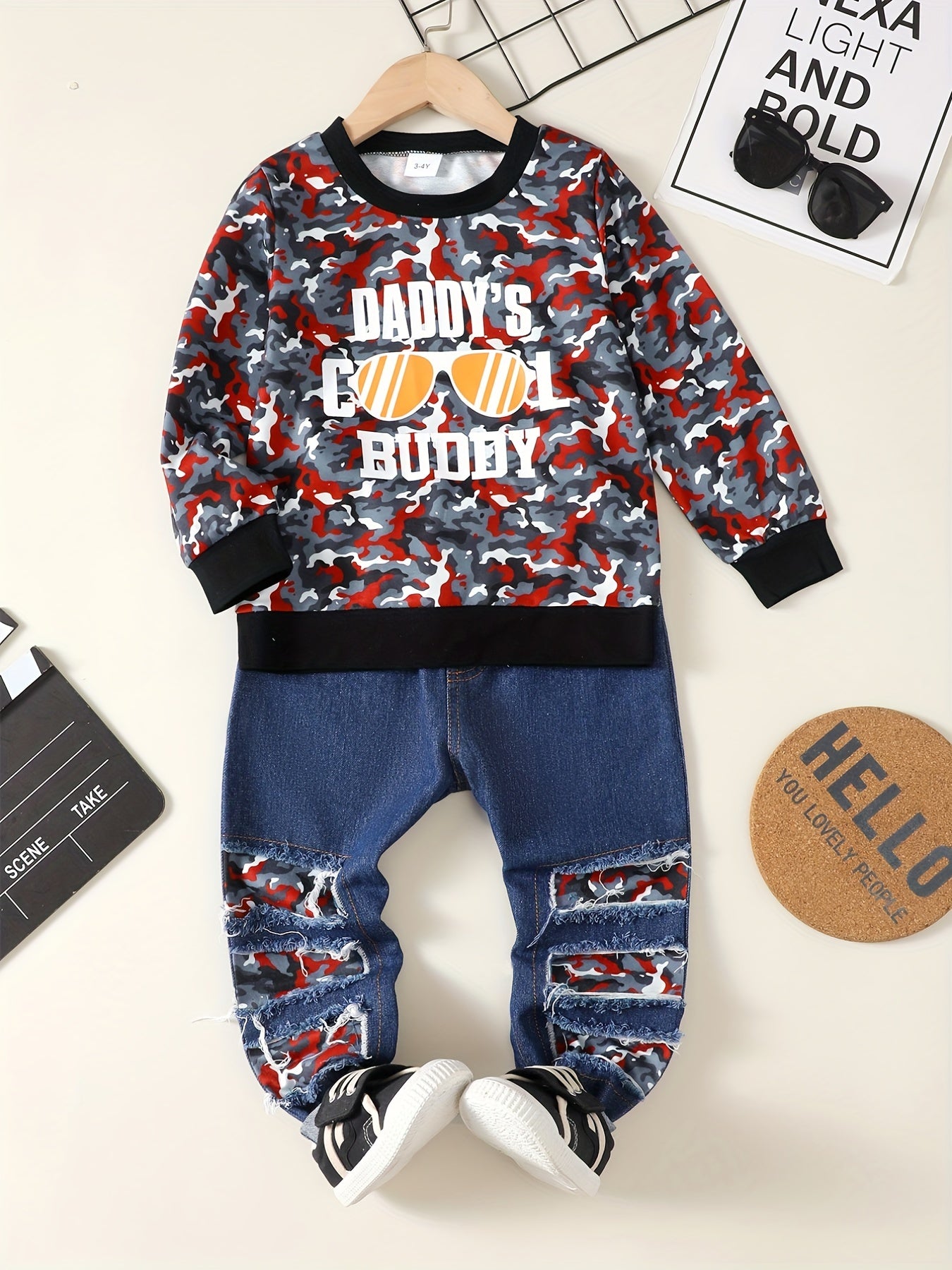 Boys Daddy's BUDDY Print Camouflage Long Sleeve Sweatshirt & Ripped Jeans Set