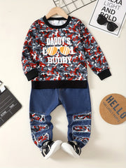 Boys Daddy's BUDDY Print Camouflage Long Sleeve Sweatshirt & Ripped Jeans Set