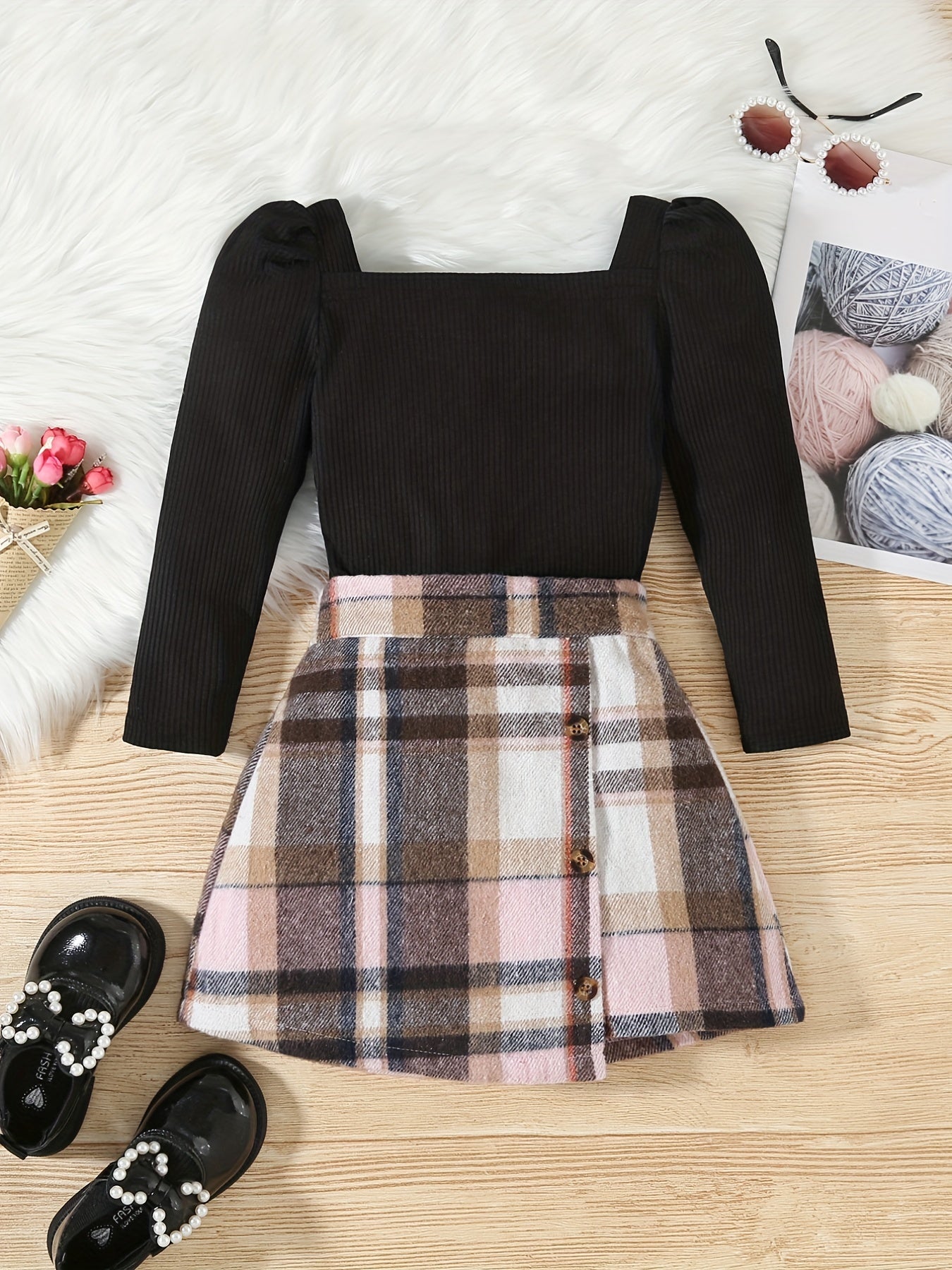 Girls Square Neck Top & Red Plaid Skirt Set Spring Fall