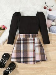 Girls Square Neck Top & Red Plaid Skirt Set Spring Fall
