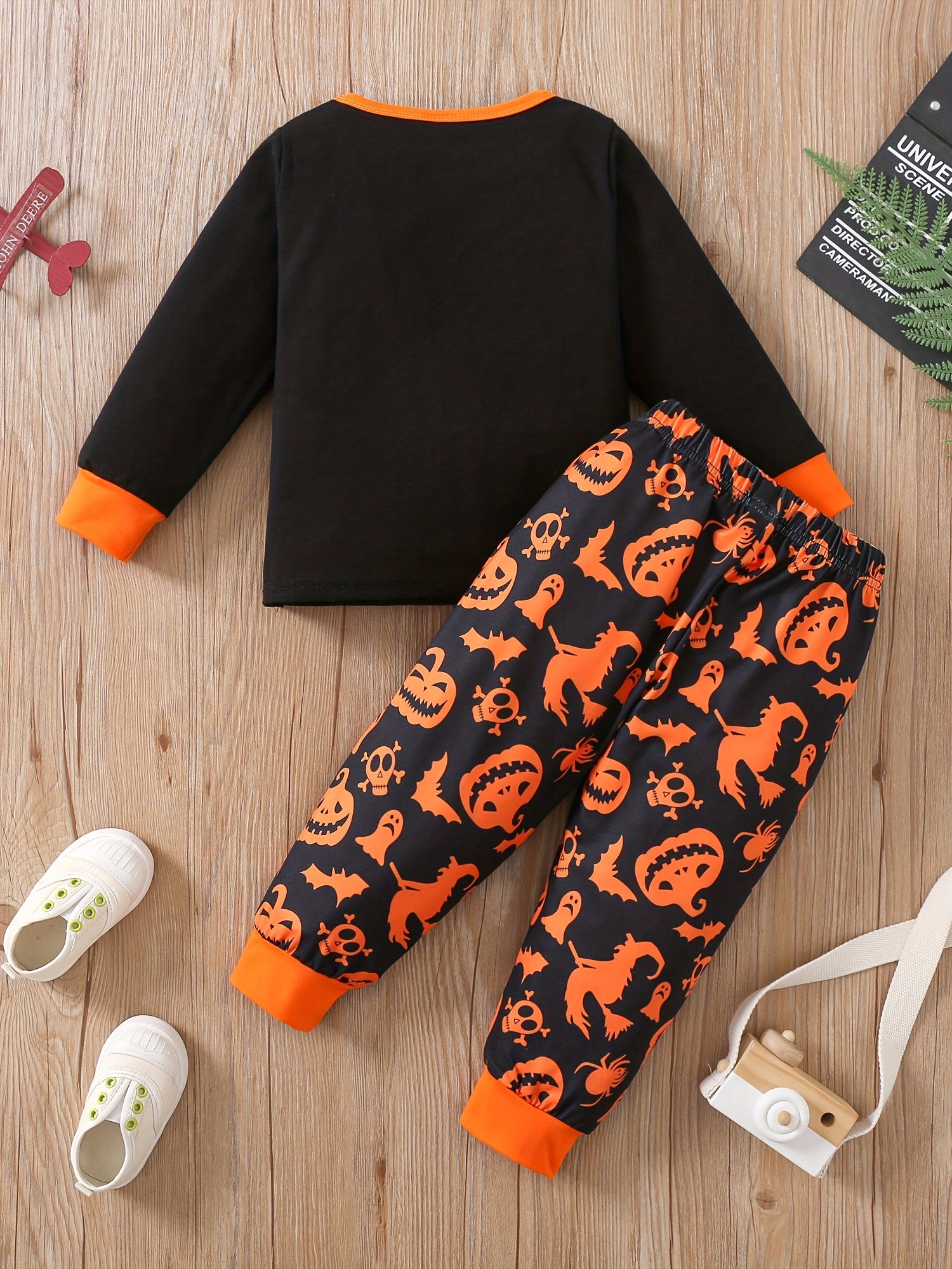 Halloween Print Toddler Kid's Pajamas - Pumpkin Pattern Loungewear Set