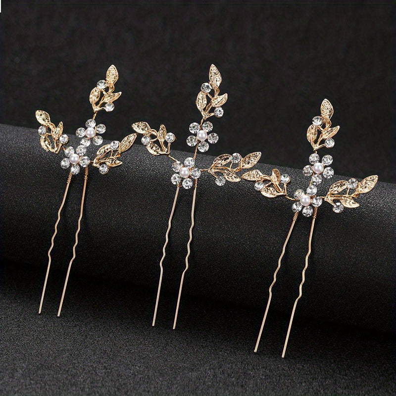 3pcs Rhinestone Leaf Hair Pin Wedding Head Jewelry