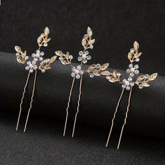 3pcs Rhinestone Leaf Hair Pin Wedding Head Jewelry