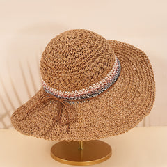 Boho Foldable Straw Hat Big Brim Beach Sunshade Hat for Women