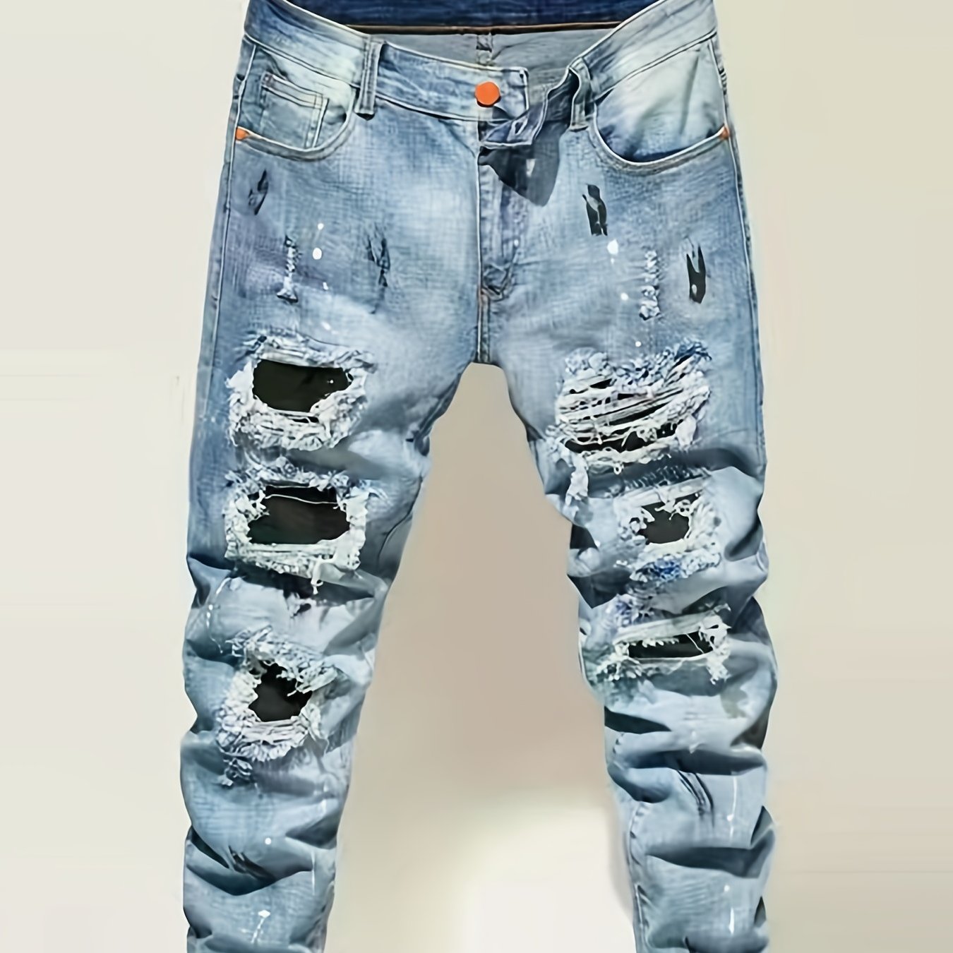 Men's Ripped Cotton Jeans Street Style Distressed Denim Pants