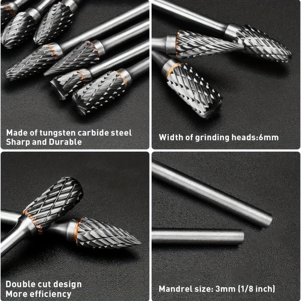 10pcs Carbide Burr Set for Rotary Tool 1/8 Shank 1/4 Grinding Head