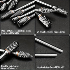 10pcs Carbide Burr Set for Rotary Tool 1/8 Shank 1/4 Grinding Head