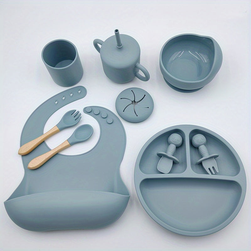 Infant Silicone Tableware Set 9 Pieces Training Spoon Fork Cup Plate