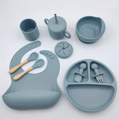 Infant Silicone Tableware Set 9 Pieces Training Spoon Fork Cup Plate