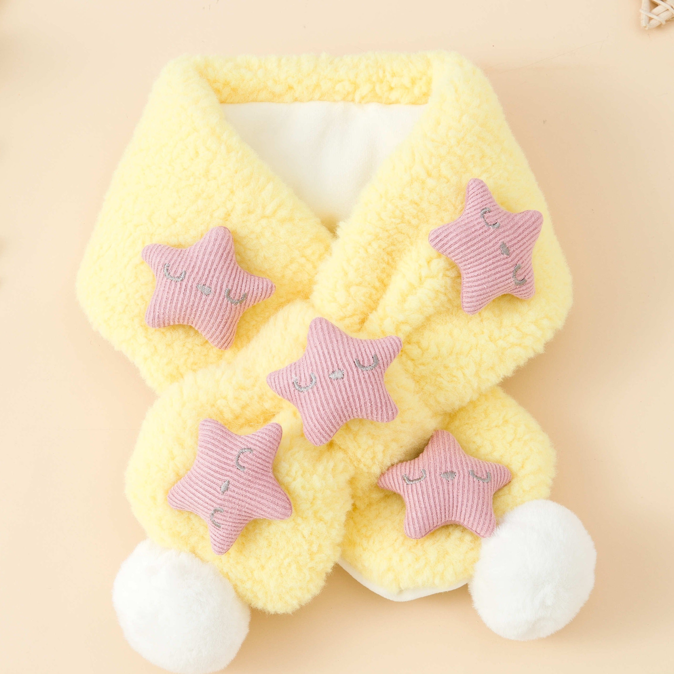 Girls Star Fleece Thermal Scarf with Plush Ball for Winter