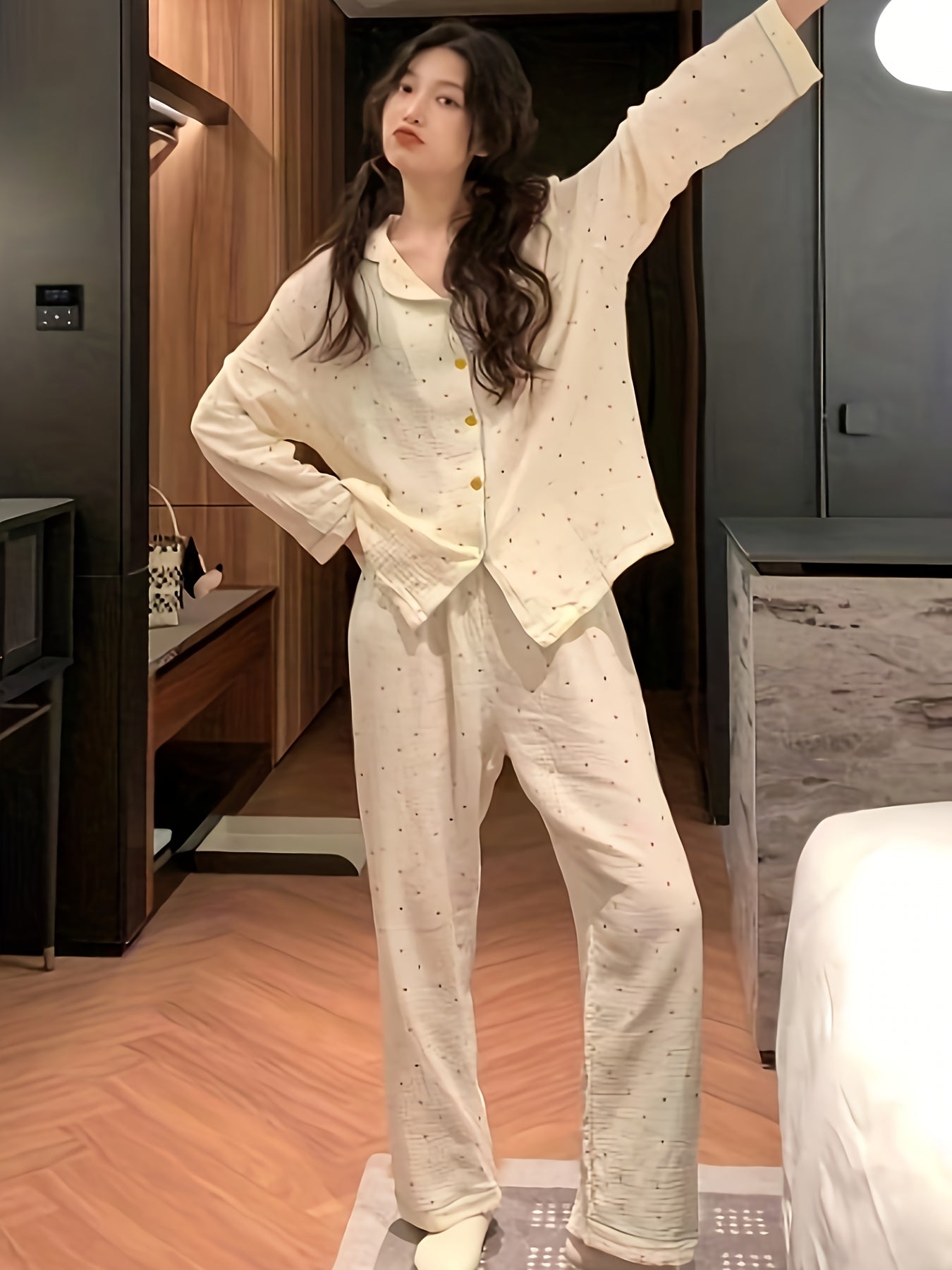 Dot Print Pajama Set Long Sleeve Top & Elastic Waistband Pants