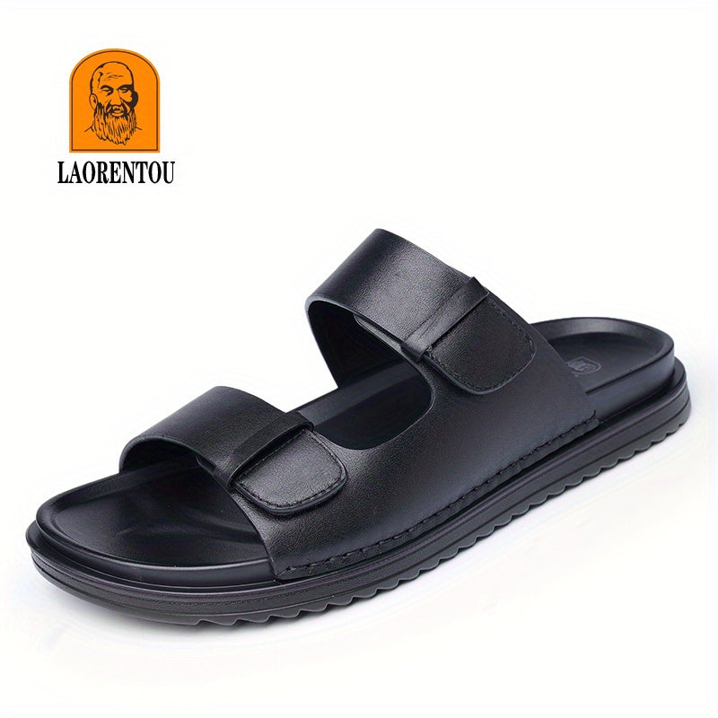 LAORENTOU Men's Leather Slippers Casual Outdoor Anti skid Slip On Slides