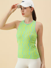 Striped Print Tank Top Round Neck Quick Drying Sleeveless Sporty Top