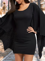 Retro Dress Women's Plus Solid Batwing Sleeve Round Neck Midi Dress