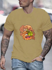 Cartoon Pumpkin & Hedgehog Print Men's Graphic Tee for Summer Vacation