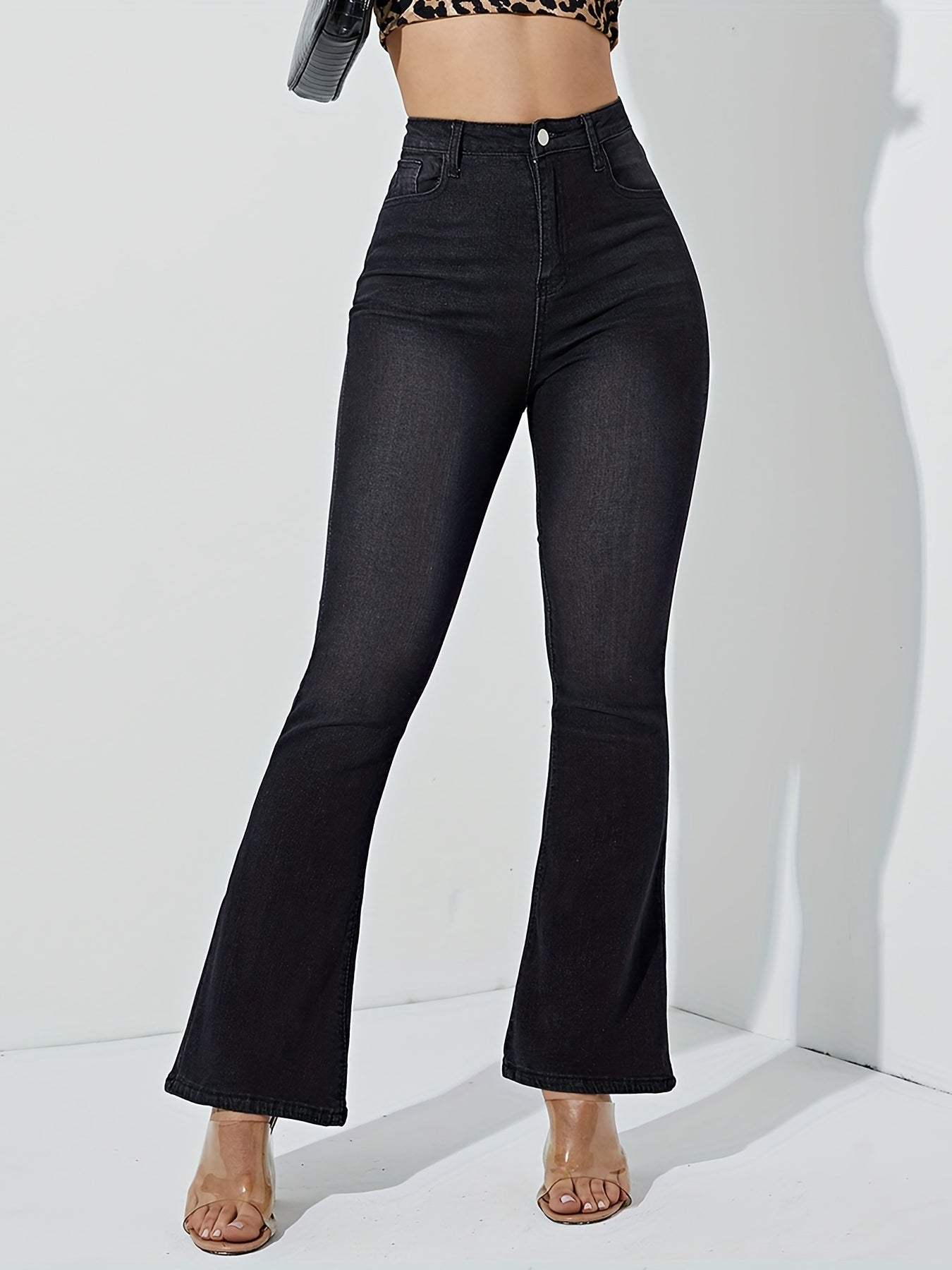 High Waist Flare Leg Jeans Solid Stretchy Bell Bottoms Y2K Denim Pants