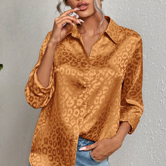 Casual Blouse Women's Plus Solid Leopard Pattern Button Up Long Sleeve