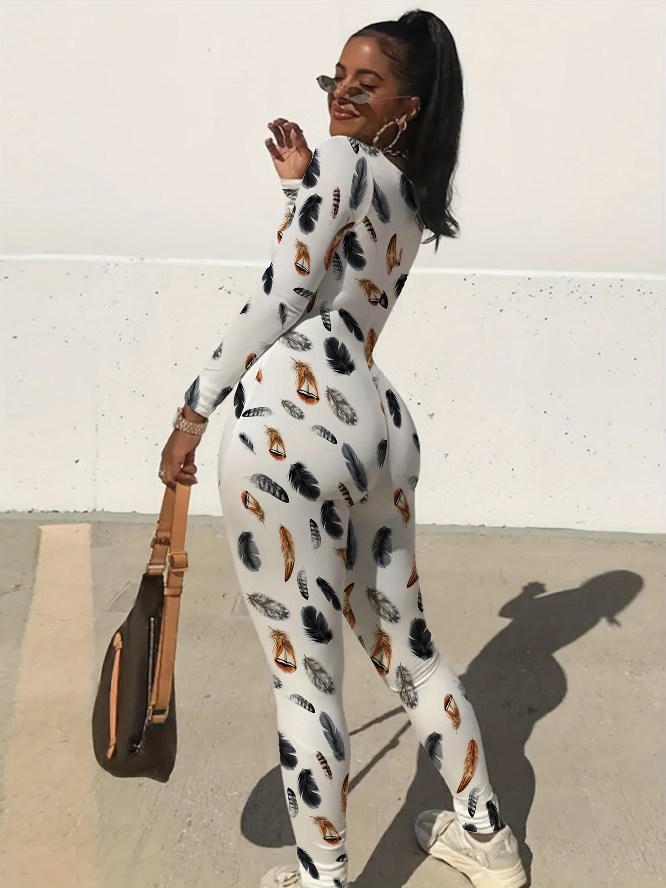 Feather Print Slim Jumpsuit Long Sleeve Sexy Style