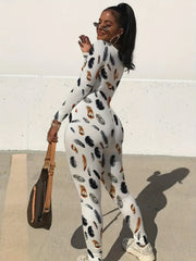 Feather Print Slim Jumpsuit Long Sleeve Sexy Style