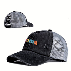 MAMA Embroidery Ponytail Baseball Cap Ripped Washed Distressed Sun Hat