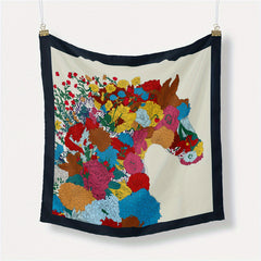 Horse Flower Print Satin Square Scarf Neckerchief Bandana for Women