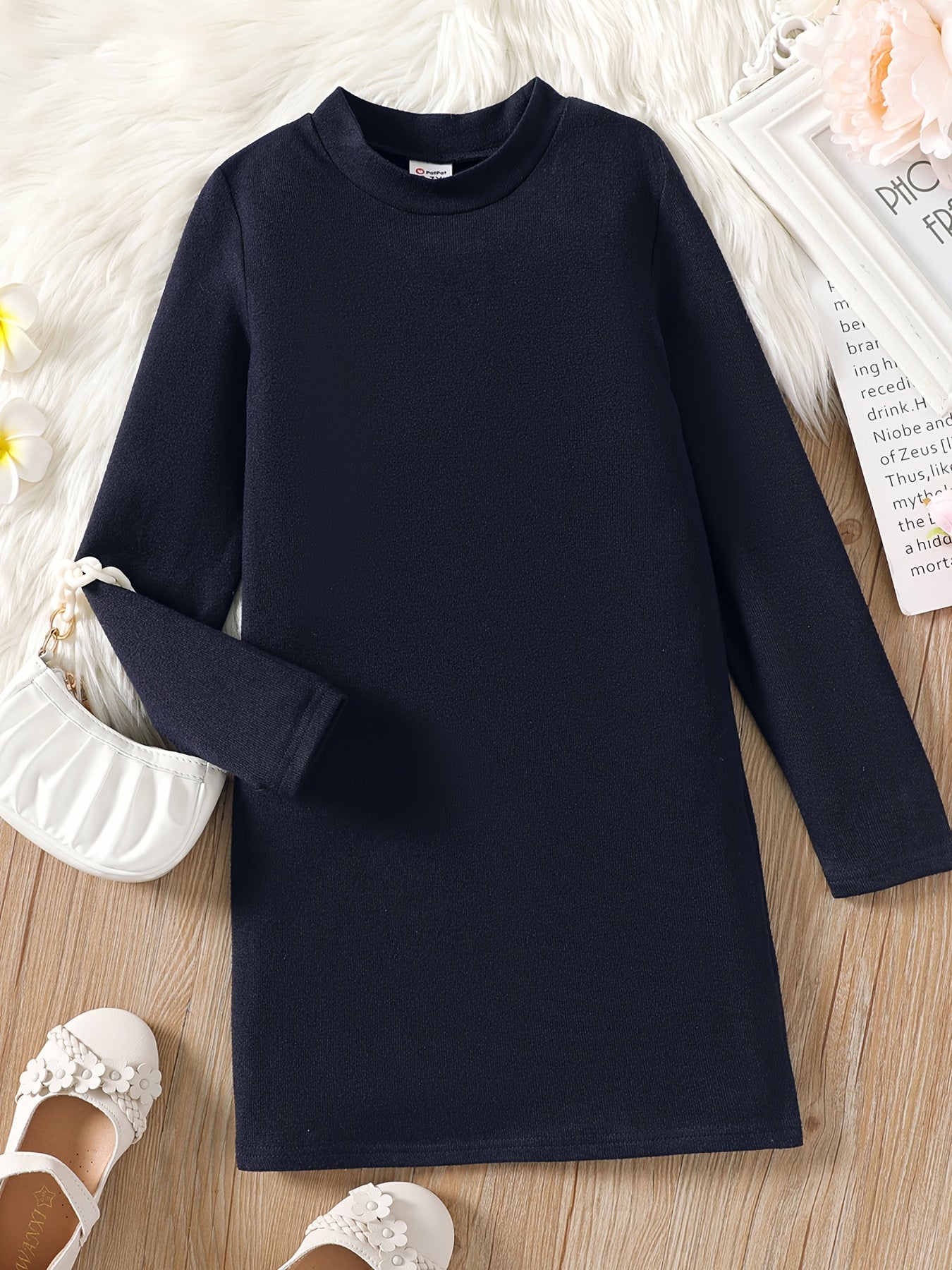 Kid Girl Solid Stand Collar Long Sleeve Knit Dress