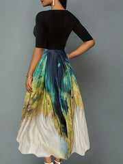 Colorblock Print Maxi Belted Dress