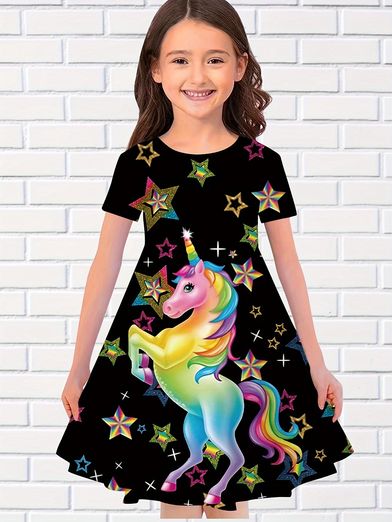 Girls 3D Unicorn Crew Neck Dress Girls Comfy Dresses