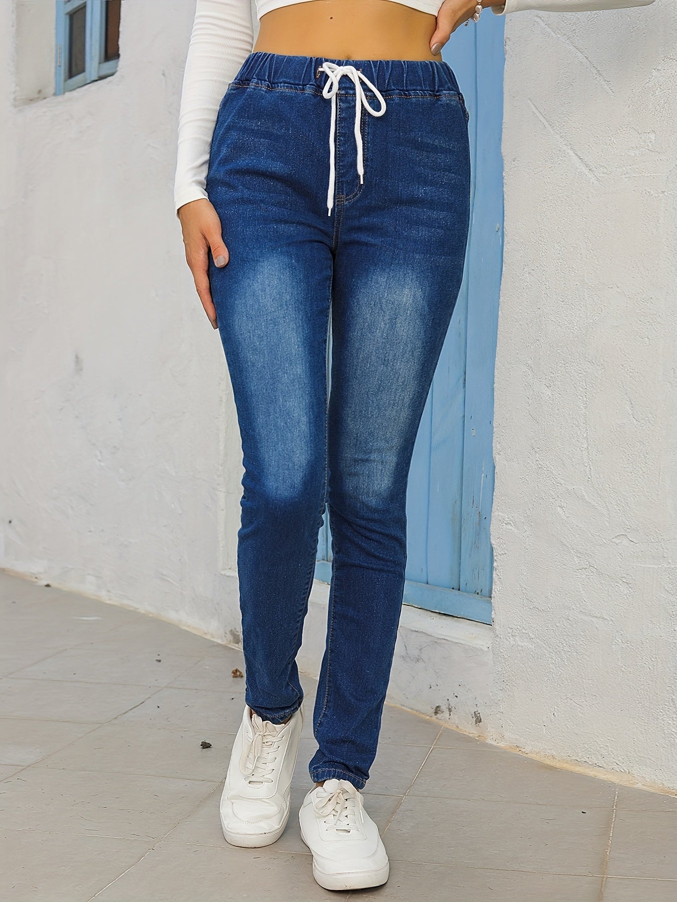 Elastic Waist Skinny Jeans High Stretch Denim Pants
