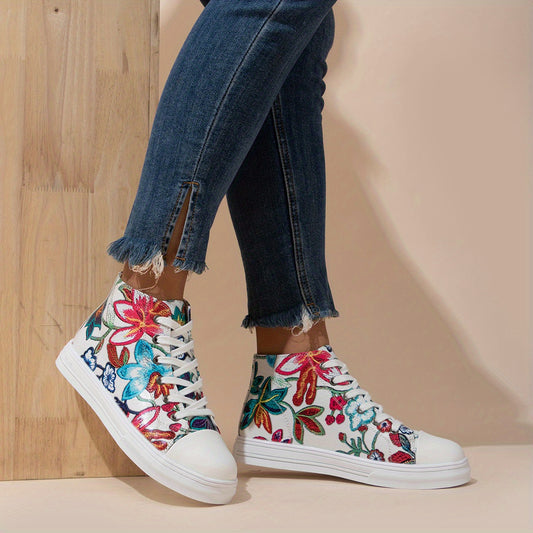 Flower Pattern Canvas Shoes Mid Top Lace Up Sneakers Lightweight Skate Shoes