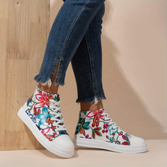 Flower Pattern Canvas Shoes Mid Top Lace Up Sneakers Lightweight Skate Shoes