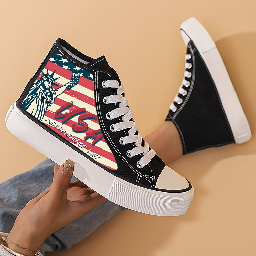 Patriotic Women's High Top Canvas Sneakers Flag Print Lace Up Shoes