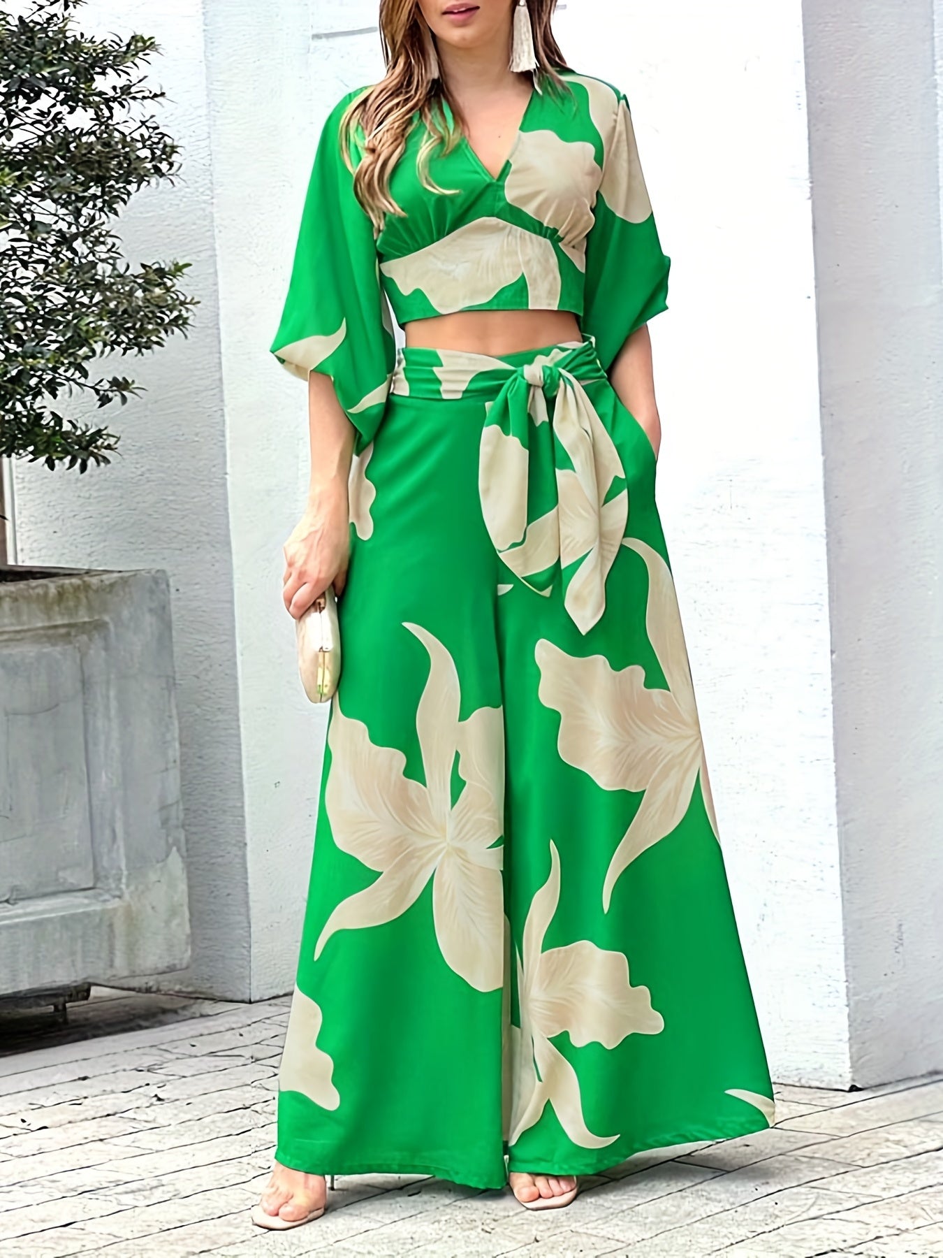 Floral Print Lace Up Suit High Waist Wide Leg Pants And Top Set