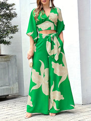 Floral Print Lace Up Suit High Waist Wide Leg Pants And Top Set